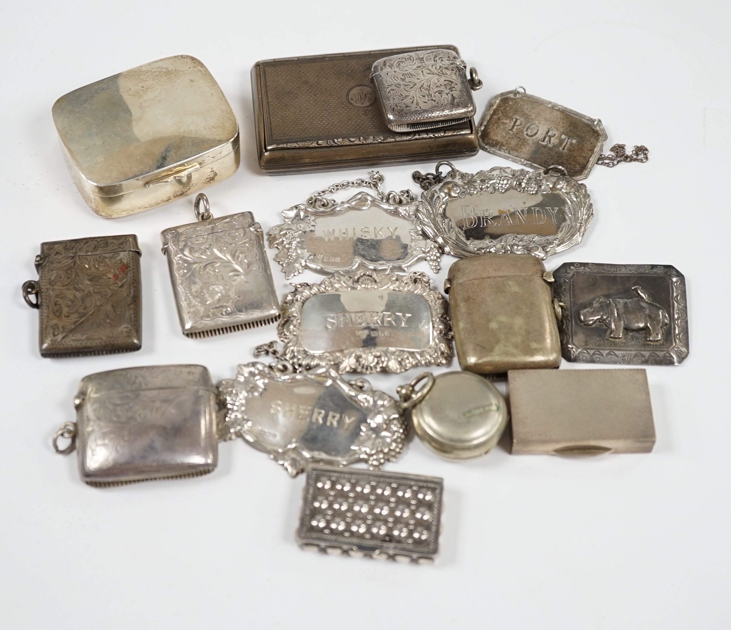 Sundry small silver and plated items including wine labels, vest cases, sovereign case and a Victorian silver snuff box, London, 1841, 79mm. Condition - poor to fair to good